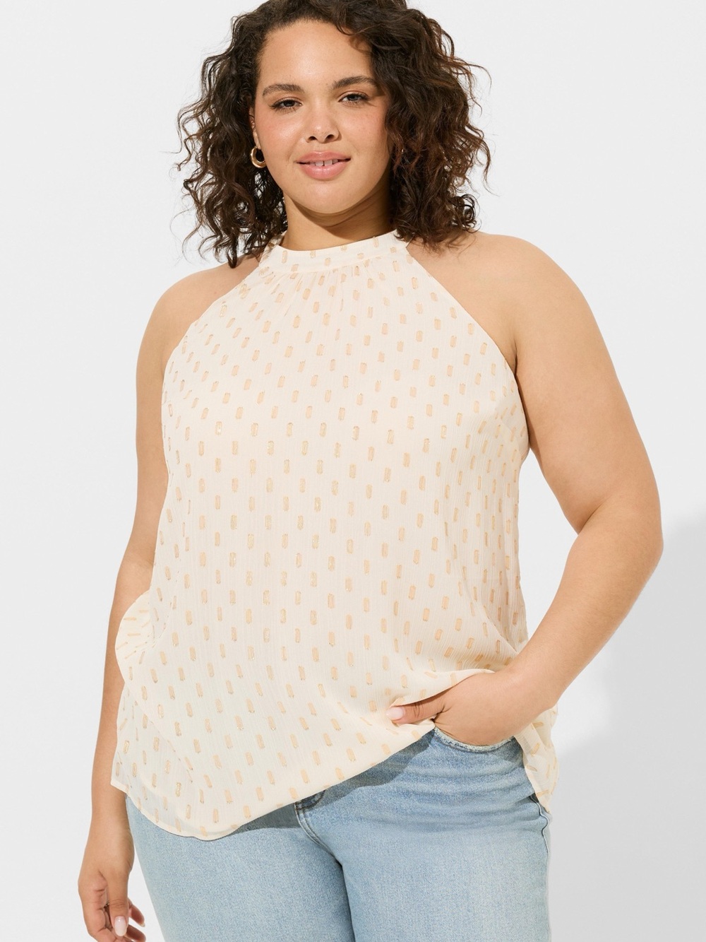 Torrid Cream Chiffon Halter Tank with Gold Dot details